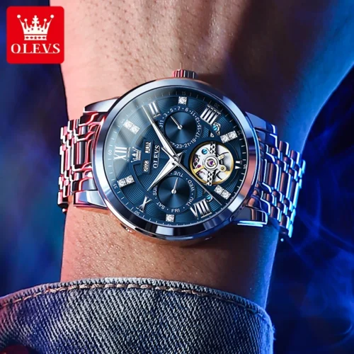 kf Sed8e459ff40d4c0e9e0b0bede8454362U OLEVS 6701 Luxury Skeleton Flywheel Automatic Watch for Men Dual Calendar Wrist Clock Waterproof Luminous Stainless